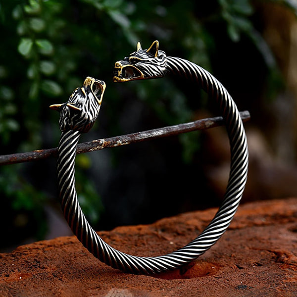 Pulsera vikinga vintage con doble cabeza de lobo para hombre y mujer