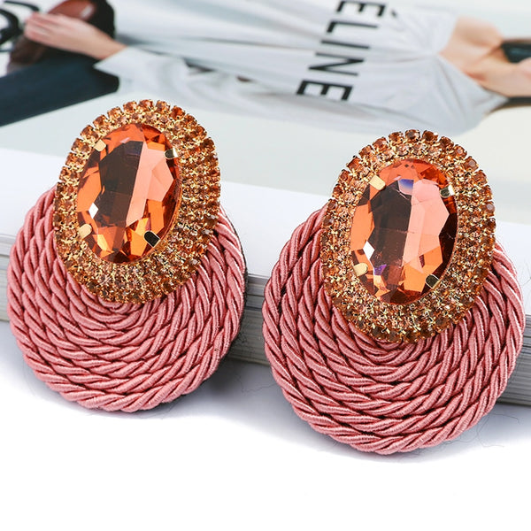 Pendientes colgantes grandes redondos de cristal colorido de tejido de algodón de estilo étnico de moda para mujer