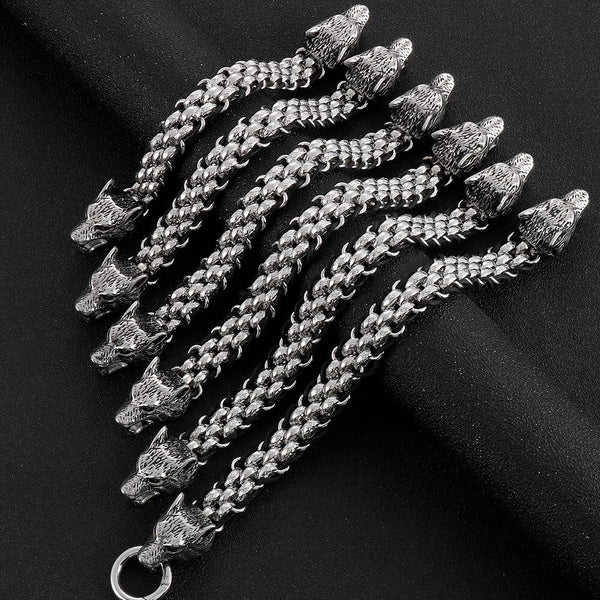 Pulsera de cadena con cabeza de lobo doble de acero inoxidable para hombre