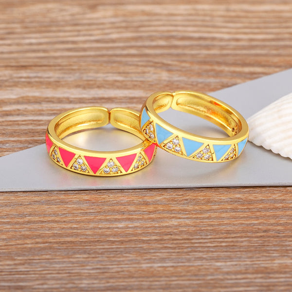 Anillo de esmalte con diseño de triángulo abierto y goteo de aceite para mujer