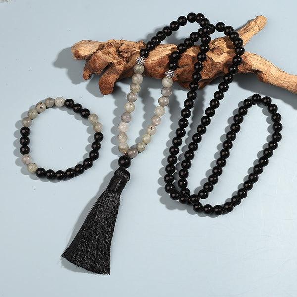 Collar de cuentas de labradorita y ónix negro de 8 mm