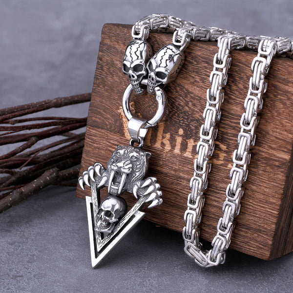 Colgante de calavera con cabeza de tigre de acero inoxidable con collar cuadrado de calavera para hombre, colgante de rock hip hop