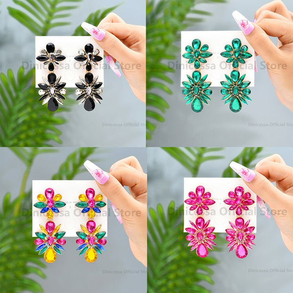 Pendientes colgantes grandes de lujo con flores de cristal brillantes y coloridos para mujer