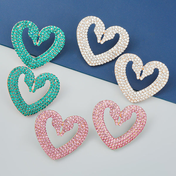 Pendientes de corazón rosa con diamantes de imitación para mujer, bonitos y modernos.