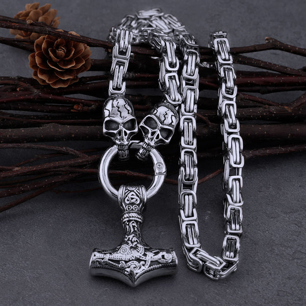 Collar con colgante de martillo de Thor y calavera punk de acero inoxidable