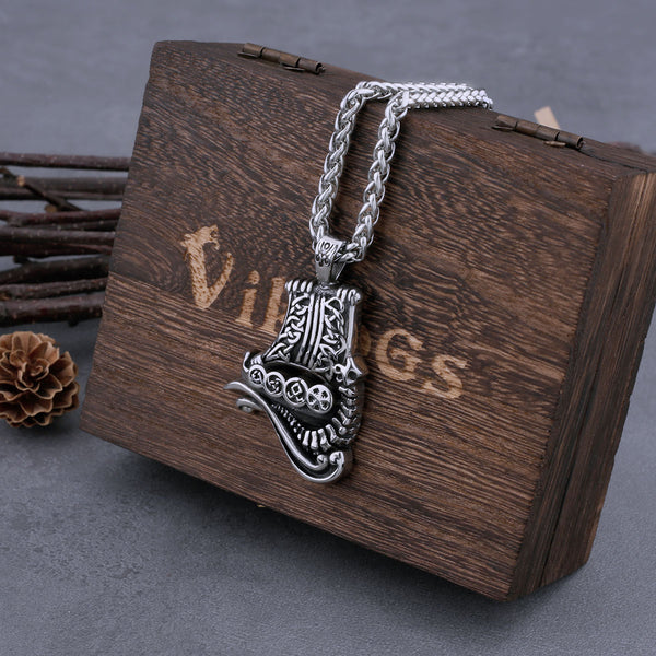 Collar de acero inoxidable vintage con símbolo vikingo de Odín, runa, aguja y barco dragón para hombre