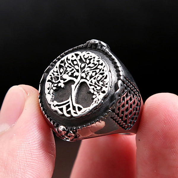 Nuevo anillo vikingo de moda con diseño de árbol de la vida, de acero inoxidable, estilo vintage con nudo celta nórdico.