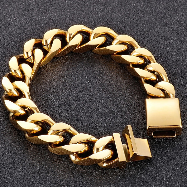Pulsera de lujo para hombre, chapada en oro, de acero inoxidable, con cadena de eslabones de 12,5 mm de ancho.