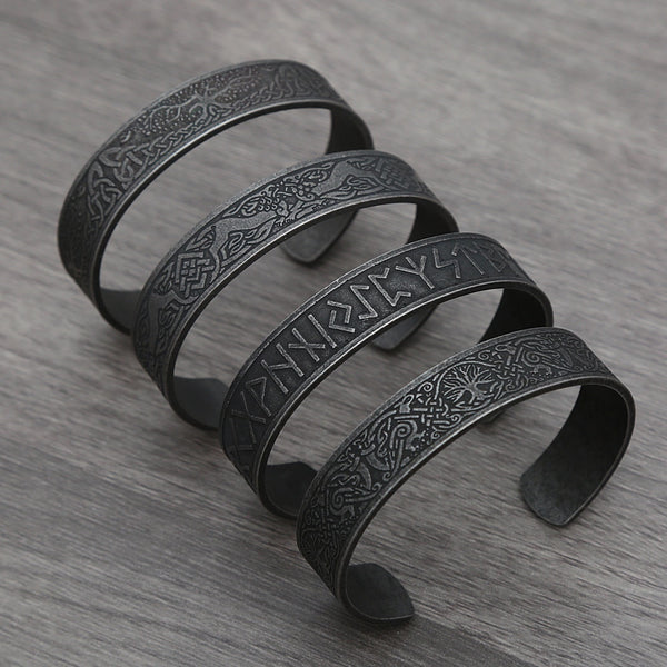Pulseras de runas vikingas de acero inoxidable negro para hombres y mujeres