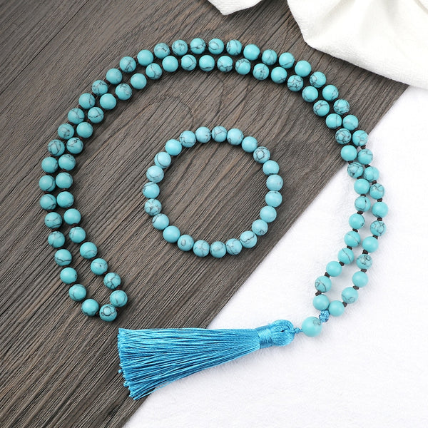 8mm Natural Blue Stone Beaded Knotted 108 Mala Necklace &amp; Bracelet Japamala Sets