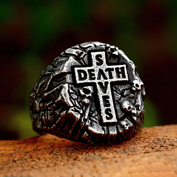 Anillo vintage creativo de acero inoxidable con calavera y cruz para hombre, estilo punk, motero, con patrón de salvamento de la muerte.