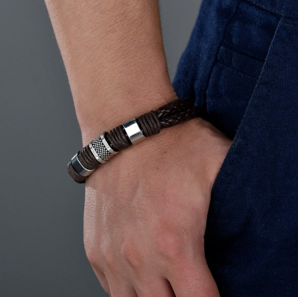 Gentleman Leather Titanium Stainless Steel Braided Clasp Bangle Bracelet for Men