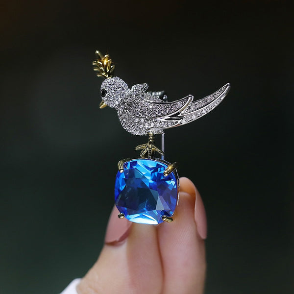 Female Simple Blue Crystal Cute Bird Brooches for Women