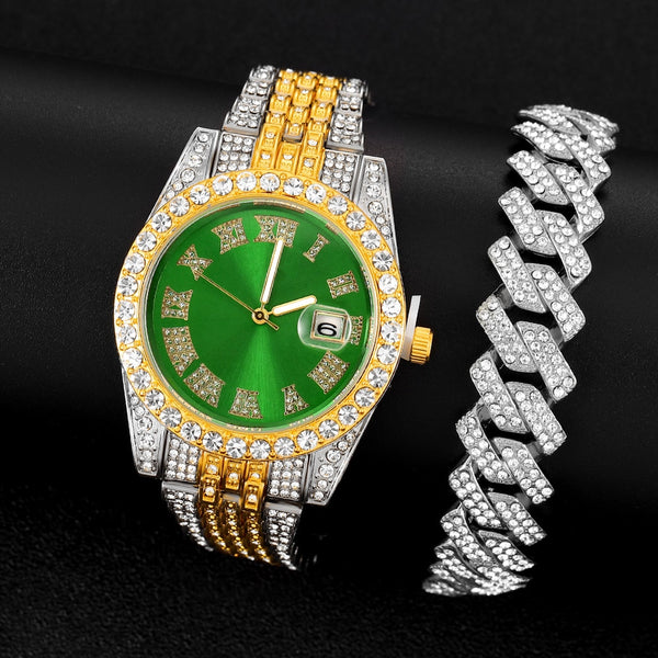Hip Hop Men Watches Bracelet Luxury Fashion Full Rhonestone Calendar Quartz Watch
