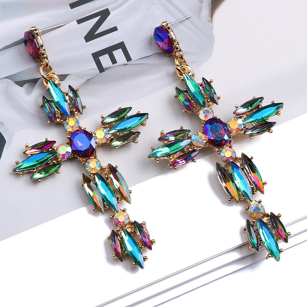 Pendientes colgantes grandes con cruz de joyería vintage de lujo para mujer
