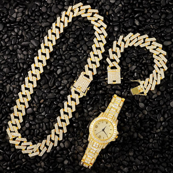 Kit de 3 piezas de lujo con incrustaciones de circonita cuadrada y diamantes de imitación para reloj de cuarzo + collar de 20 mm con pulsera