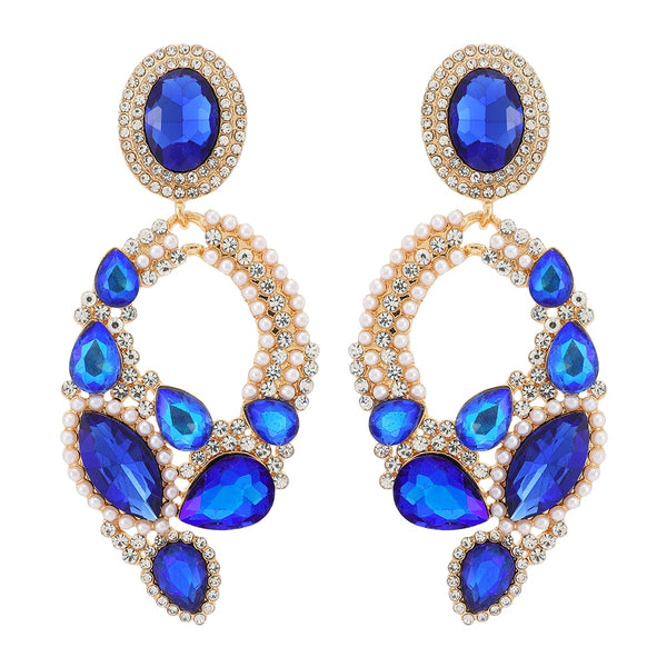 Pendientes colgantes grandes de metal hueco con perlas de imitación de color y cristales para mujer.