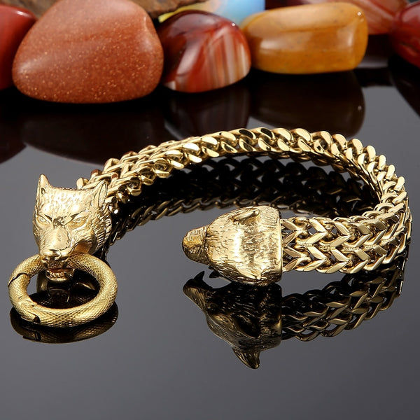 Pulsera con dije de cabeza de lobo vikingo para hombre, de acero inoxidable, con cadena de eslabones de malla de 12 mm