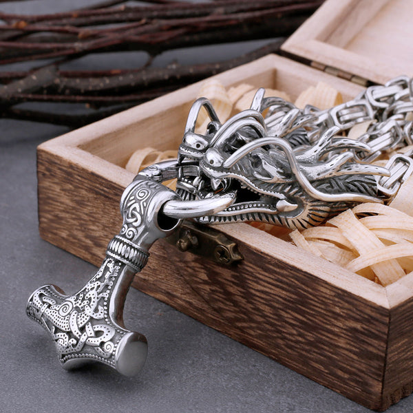 Collar con colgante de martillo de Thor de acero con cabeza de dragón cuadrada de vikingos