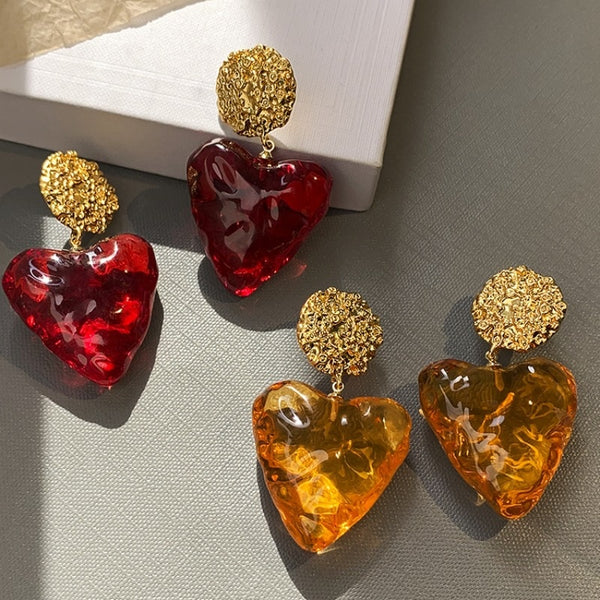Pendientes colgantes de resina semitransparente con forma de corazón para mujer