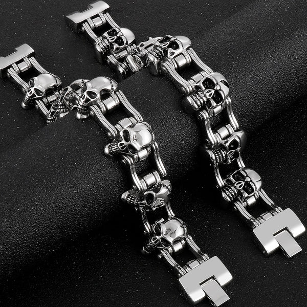 Pulsera de calavera con cadena de bicicleta para hombre, de acero inoxidable, con cabeza de esqueleto.