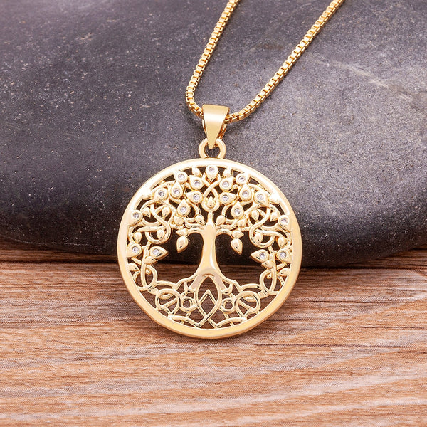 Collar chapado en oro de alta calidad con colgante redondo del Árbol de la Vida para mujer.