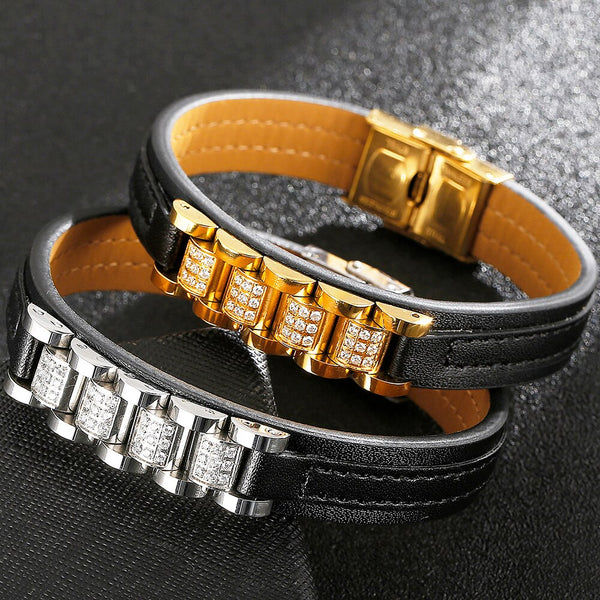 Pulsera de cuero con circonitas cúbicas AAAA CNC de moda para hombre