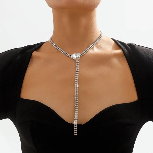 Crystal Heart Choker Necklace Long Rhinestones Chain Big For Women