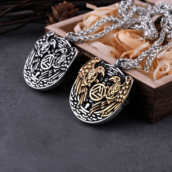 Viking Raven Necklace Double Sided Stainless Steel Pendant Necklace
