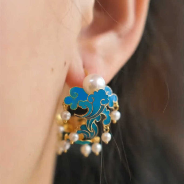 Original new in silver blue enamel Xiangyun inlaid pearl earrings for women