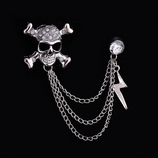 Metal Punk Skull Lightning Tassel Chain Pins and Brooches for Men