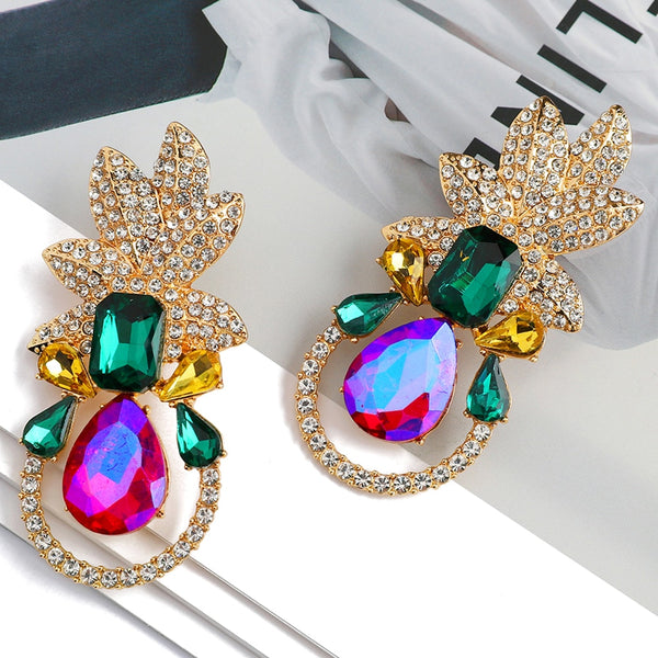 Pendientes colgantes de hojas de metal de moda para mujer, pendientes colgantes de cristal para mujer.