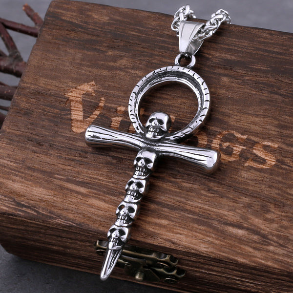 Collar con colgante de calavera cruzada de acero inoxidable para hombre, estilo punk y motero.