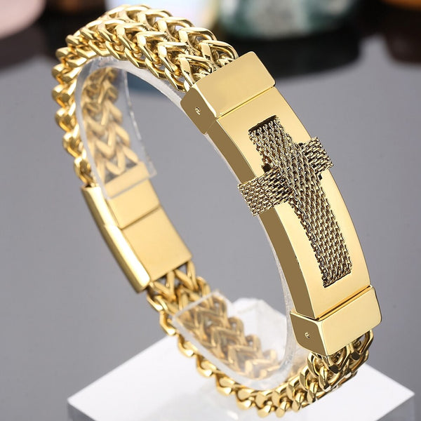 Pulseras de acero inoxidable con cruz chapada en oro para hombre. Pulsera moderna para hombre.