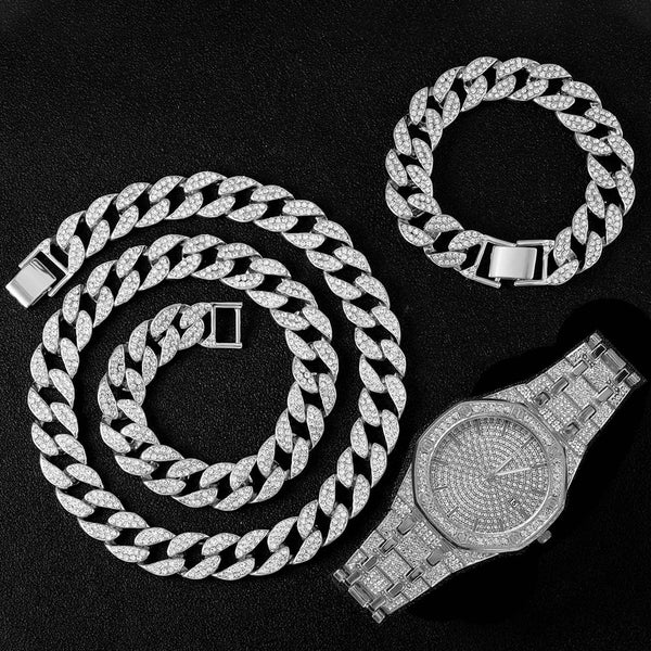 Reloj con cadena cubana y collar con iniciales para hombre