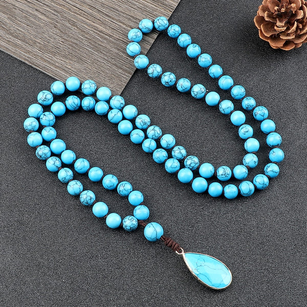 Collares de cuentas de howlita azul natural de 8 mm para mujer, colgantes bohemios, collares de japamala