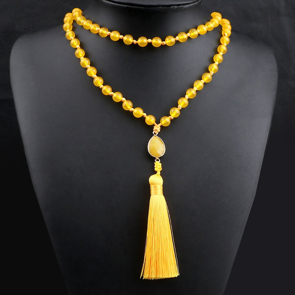 Collar de cuentas de calcedonia amarilla natural 108 Mala para mujer