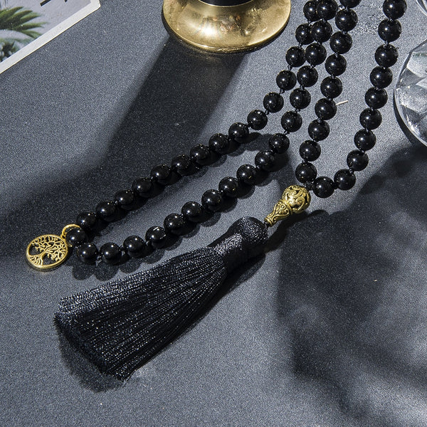 Collar de 108 cuentas Mala con Árbol de la Vida de 8 mm de ónix negro anudado para meditación y oración. Japamala.
