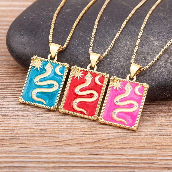 New Punk 5 Colors Geometric Square Enamel Cute Animal Snake Copper Zircon Necklace