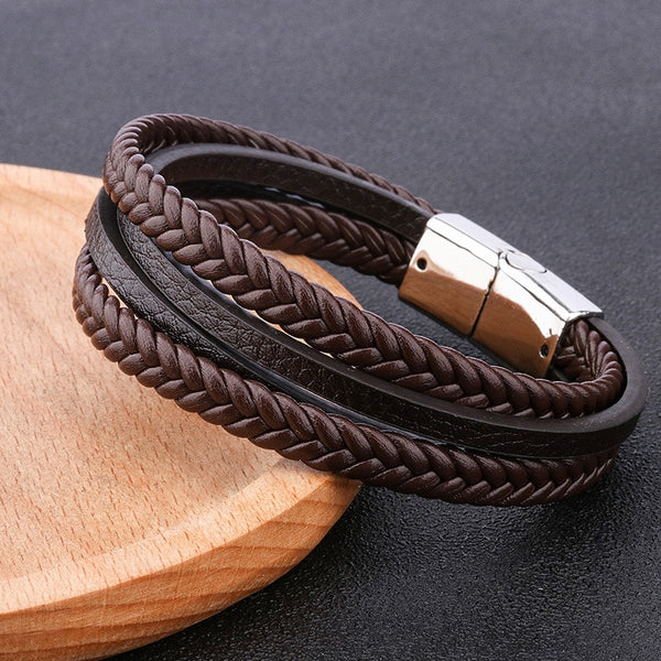 Pulseras vintage de cuero trenzado multicapa hechas a mano con cuerda