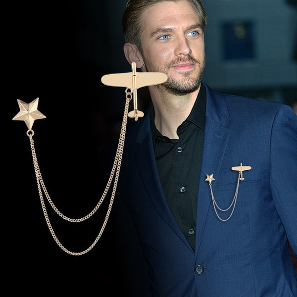 Korean Metal Airplane Brooch Star Tassel Chain Collar Pin Suit Men