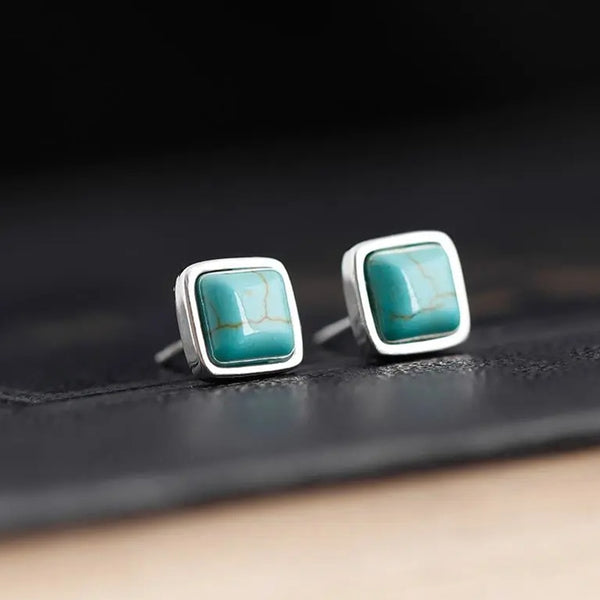 Pendientes de botón cuadrados con incrustaciones de turquesa chinas, originales y de diseño nuevo.