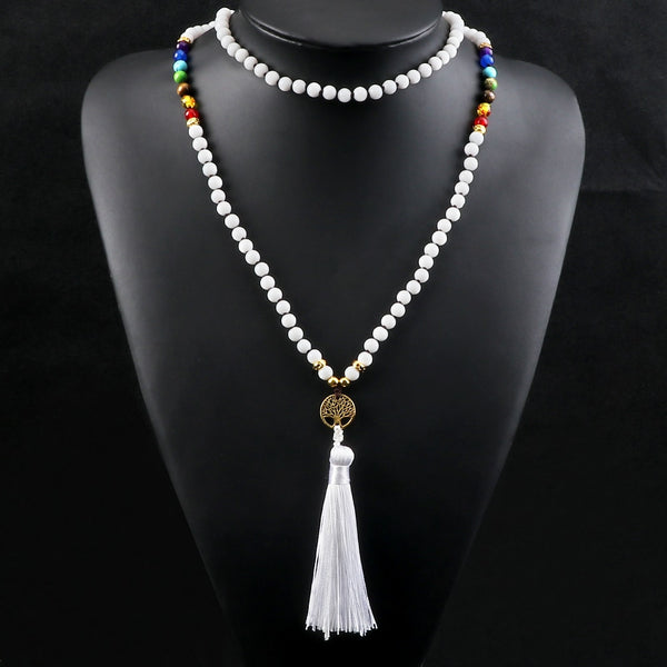 Collar de cuentas de howlita blanca natural de moda, 108 Mala, 7 chakras, Reiki, colgante del árbol de la vida