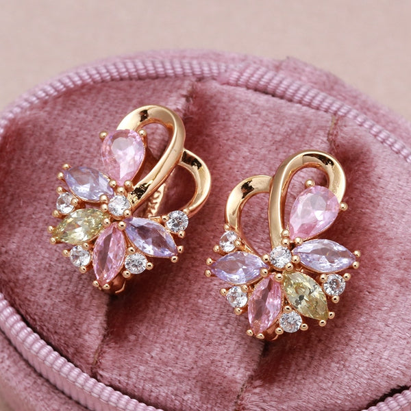 Luxury 585 Rose Gold Clip Earrings Water Drop Colorful Zircon Curve Earring