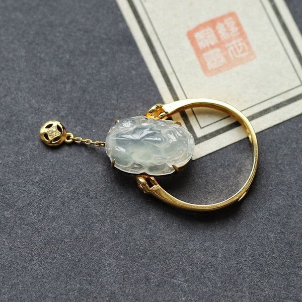 New in Natural Ice Chalcedony Pixiu Copper Coin Dual Purpose Rings for Women