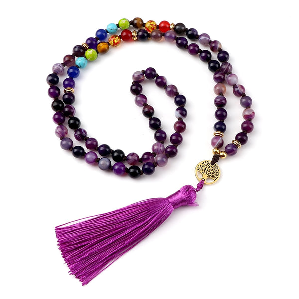 Collares de hilo de árbol de la vida hechos a mano con cuentas de ojo de tigre de piedra natural de los 7 chakras para mujer