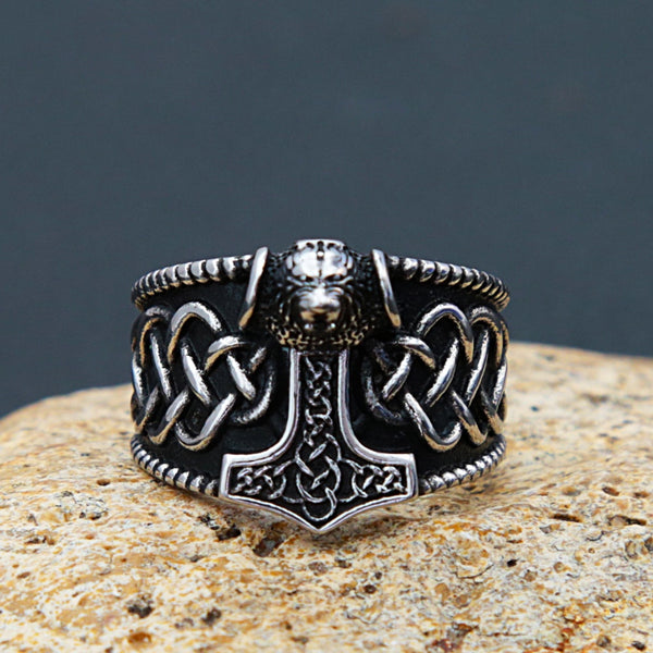Anillo nórdico de acero inoxidable con martillo de Thor para hombre, anillo vintage con nudo celta y cabeza de oso vikingo.