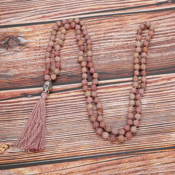 Collar Mala 108 anudado con cuentas de rodolita natural de 6 mm/8 mm