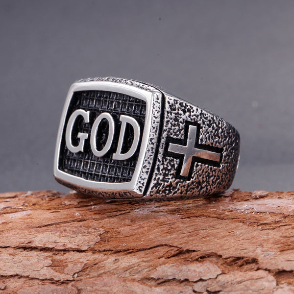 Anillos vintage de acero inoxidable, titanio, con letras inglesas retro y cruz de Dios para hombres y mujeres.
