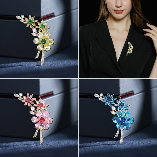 Luxury Copper Micro Inlaid Cubic Zirconia Color Flower Lady Brooch